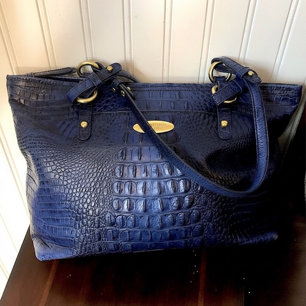 BRAHMIN Blue Crocodile Leather Top Zipper Closure Shoulder Bag